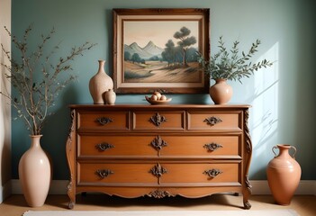  A wooden dresser with drawers , a vase with branches and framed artwork on the wall on the wall