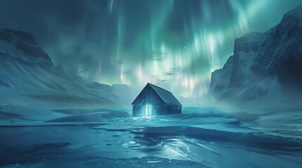 A wooden house sits on a frozen lake in the middle of a snowy mountain range. The aurora borealis fills the sky with vibrant colors. - Powered by Adobe