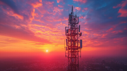 Communication tower during sunset, Silhouettes telecommunication tower on sunset background.