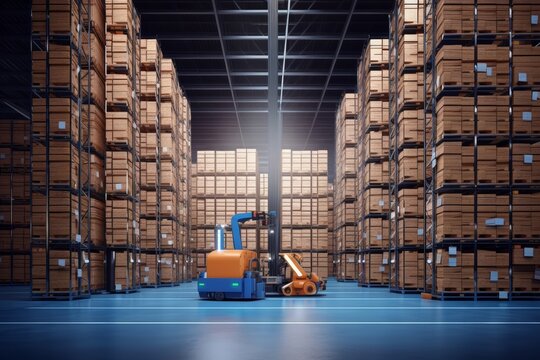 Warehouse environment with concept of logistics as artificial intelligence robots meticulously organize parcels for shipping at a busy transport station.