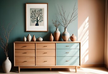 A wooden dresser with drawers , a vase with branches and framed artwork on the wall on the wall