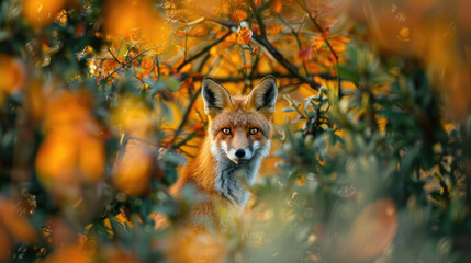 Obraz premium A red fox peeked out from behind the autumn leaves