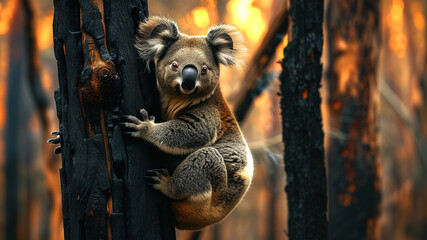 Koala in a tree with a forest fire in the background