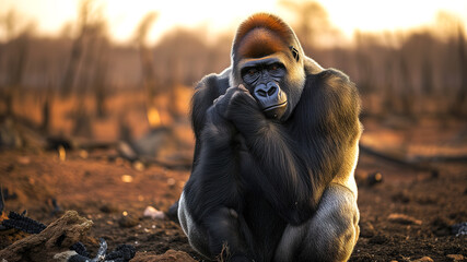 Gorilla sits in a burned down forest with sadness in his eyes