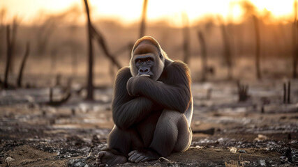 Gorilla sits in a burned down forest with sadness in his eyes