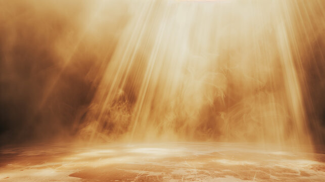 Majestic beige beams of light illuminating a empty dusty stage. Shiny festive background for product presentation or award ceremony. Copy space. Generative AI