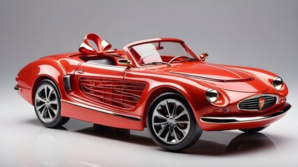 A car with a gift on top, sculptural in quality, light red, vibrant and energizing, shiny, anemoiacore, realistic forms