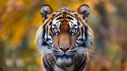 Obraz premium Majestic Tiger Head Closeup with Vibrant Colors and Wide Eyes - Wallpaper. Concept Animal Portraits, Wildlife Photography, Tiger Closeup, Vibrant Colors, Wallpaper
