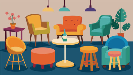 The seating options are a mix of mismatched chairs plush couches and bar stools giving the interior a bohemian feel. Vector illustration