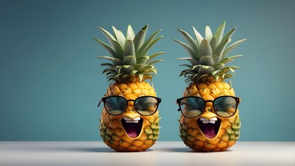 A trendy pineapple with glasses, looking really cool, laughing
