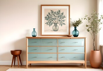  A wooden dresser with drawers , a vase with branches and framed artwork on the wall on the wall