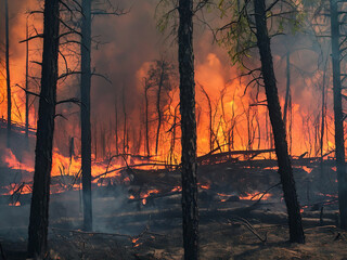 Forest fire. Fire burns the forest. Charred trees, fire glow and smoke. Natural disaster as a result of climate change.