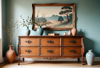  A wooden dresser with drawers , a vase with branches and framed artwork on the wall on the wall