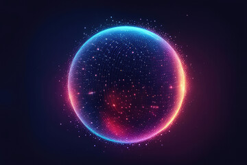 Bright glowing rotating particle 3d sphere in the Universe. Abstract technology, science, engineering and artificial intelligence background. Animated wave