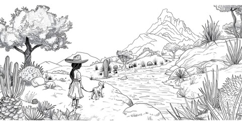 Illustration Mexican landscape of a woman and a dog next to a river, bold lines