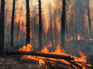 Forest fire. Fire burns the forest. Charred trees, fire glow and smoke. Natural disaster as a result of climate change.