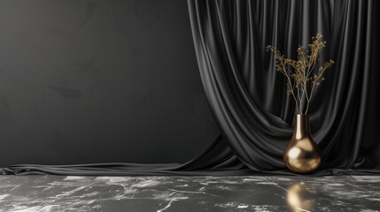 Elegant black draped background with golden vase and dried flowers on a marble table. Empty copy space for design. Generative AI