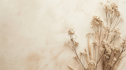 Elegant dried flowers on textured beige background. Empty copy space for design. Generative AIElegant dried flowers on textured beige background. Empty copy space for design. Generative AI