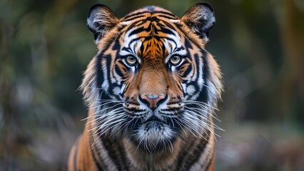 Fototapeta premium Close-up Tiger Head with Bright Colors and Wide Eyes for Wallpaper. Concept Tiger Photography, Close-up Shot, Bright Colors, Wide Eyes, Wallpaper
