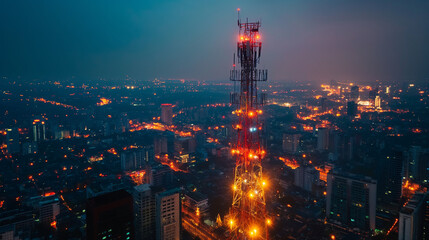 Obraz premium Telecommunication tower with 5G cellular network antenna on night city background, Digital big data concept.