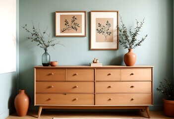  A wooden dresser with drawers , a vase with branches and framed artwork on the wall on the wall