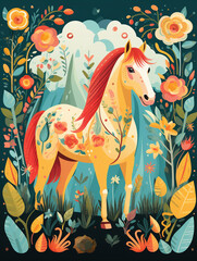 Playful vector depiction of a folk scene with a horse, whimsical plants, and motivational texts, vibrant and detailed ,  vector and illustration drawing graphic
