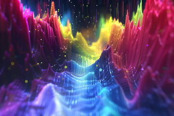 A dynamic scene where sound waves propagate and interact, creating a mesmerizing display of color and motion