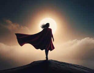 superhero woman silhouette with cape flowing in wind
