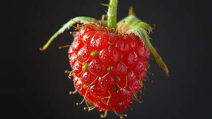 Close-up of a wet raspberry on black background.