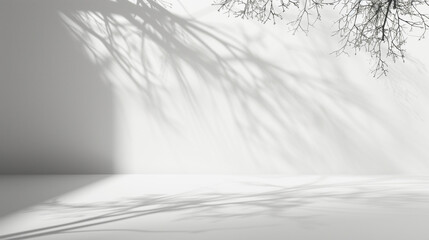 Stylish minimal white background with delicate leaf shadows on wall. Empty copy space for product presentation. Generative AI	
