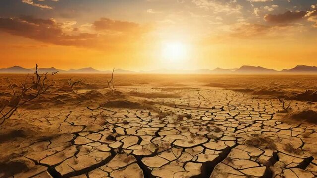 A fractured world landscape With barren vegetation and a sun-scorched horizon. which is a symbol of global warming and drought.