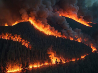 Forest fire at night. Natural disaster, flames destroy the forest. Fiery glow over the fire top view.