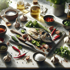 Theluli Mas Preparation with Fresh Ingredients on Marble Counter