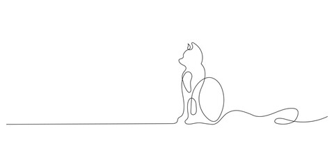 Cute cat line, pet online continuous hand drawn vector objects. The cat is sitting on the floor. Cute kitten one line art. Vector illustration