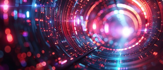 Capture a frontal view of futuristic technologies merging seamlessly with abstract art