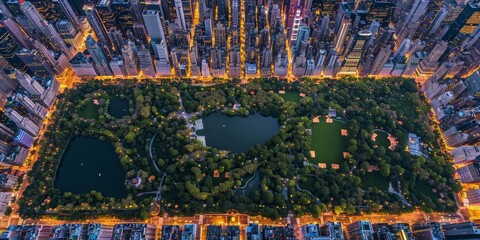 New York City from Above: Breathtaking Aerial View of Central Park Encircled by Illuminated Urban Skyline at Night