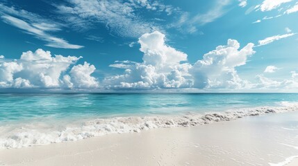 Obraz premium Beautiful empty tropical sea ocean beach with white clouds on blue sky background generative ai