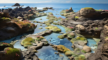 Tidal Pools: Paint the miniature ecosystems within rocky coastal pools. - obrazy, fototapety, plakaty