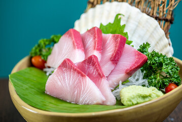 Toro sashimi with wasabi and pickled ginger
