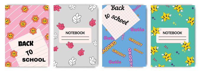 Children's notebook cover template. Set of cover page designs with cute daisies and stars in a groovy style. Vector cartoon for school notebooks, notepads, children's diaries, coloring books.