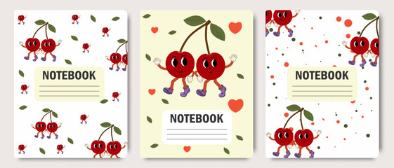 A collection of cover templates for children's notebooks in a groovy style with funny cartoon characters. Items for school and education.