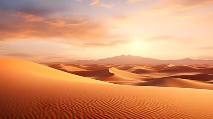 Desert panorama with sand dunes at sunset. 3d render