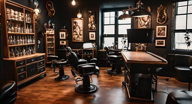 Interior of a tattoo studio.	

