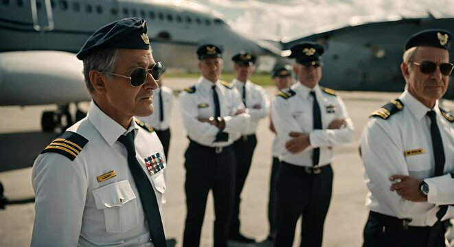 Group of airplane pilots at the airport.	
