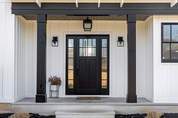 A front door detail of a white modern farmhouse with a black front door and pillars, black light fixtures, and a covered porch.