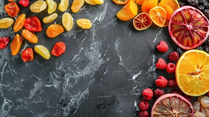 Beautiful mixture of dried fruits on a dark stone background. Food advertising. Banner, menu.