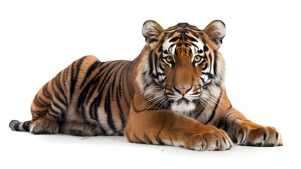 Obraz premium Adult tiger isolated on white background with intense gaze. Concept Wildlife Photography, Animal Portraits, Intense Gaze, Isolated White Background, Tiger Portrait