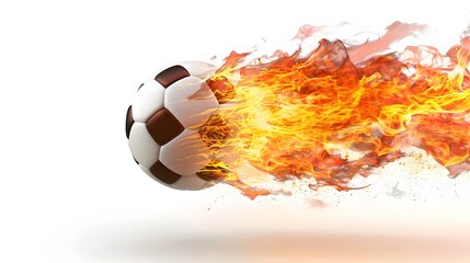Flying football soccer ball with fire flame trails, vector sport game background. sport ball flying in fire flames in white background, fireball burning in speed motion.