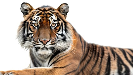 Obraz premium Majestic adult tiger with intense gaze isolated on white background. Concept Wildlife Photography, Majestic Animals, Intense Gaze, Tiger Portraits, Isolated Background