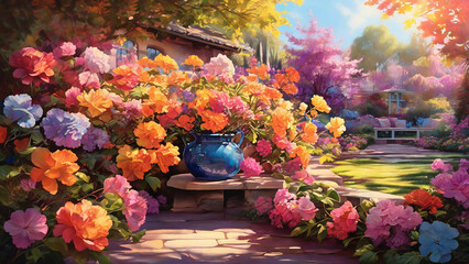 Glaze painting: A vibrant, garden-inspired scene, featuring an array of colorful flowers,...